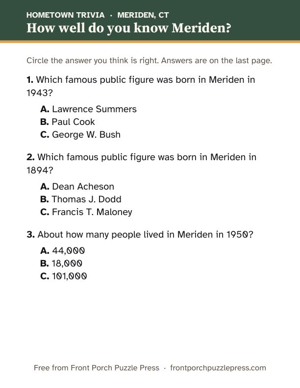 First page of the Meriden hometown trivia kit