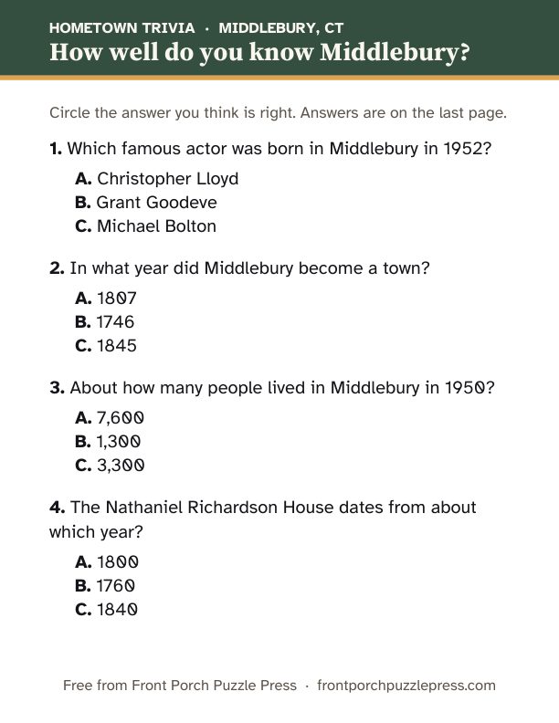 First page of the Middlebury hometown trivia kit