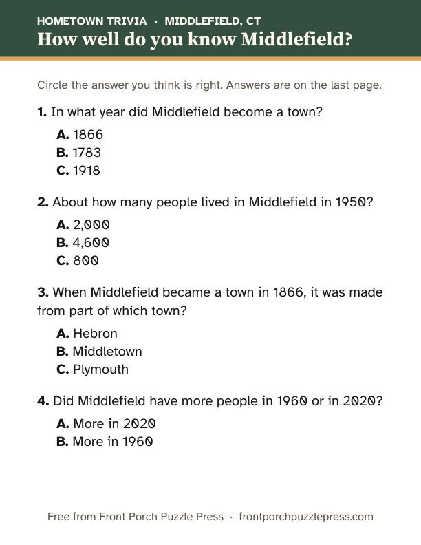First page of the Middlefield hometown trivia kit