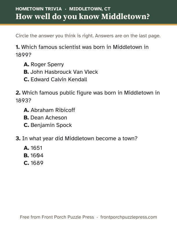 First page of the Middletown hometown trivia kit