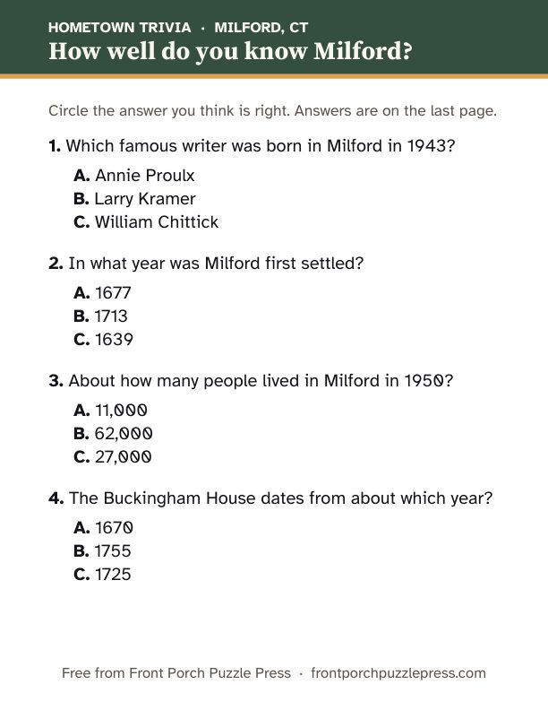 First page of the Milford hometown trivia kit
