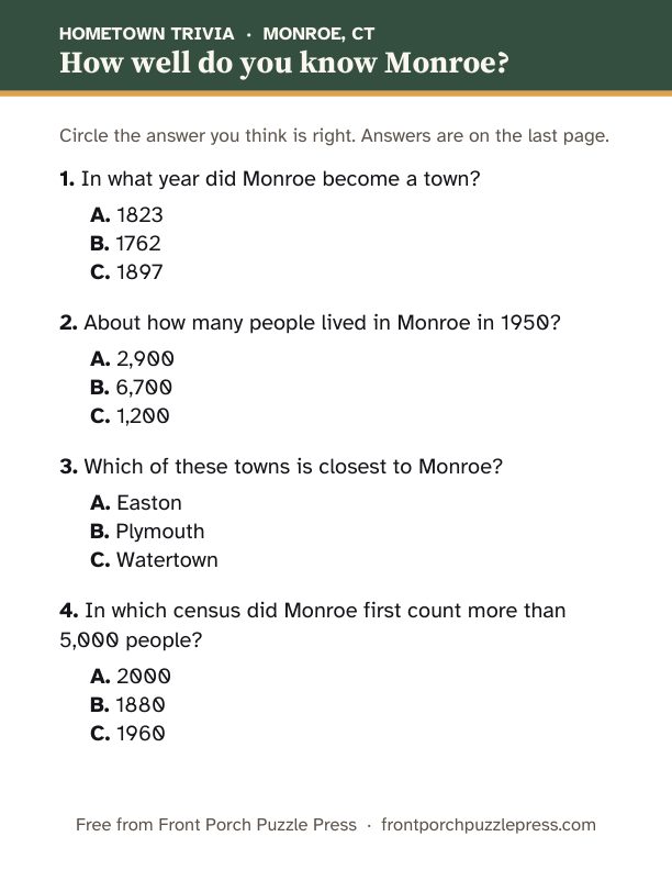 First page of the Monroe hometown trivia kit