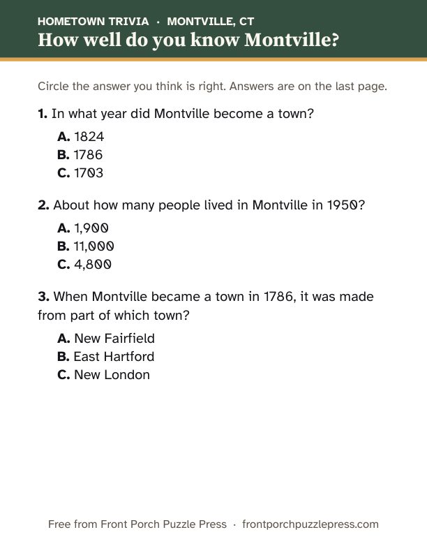 First page of the Montville hometown trivia kit