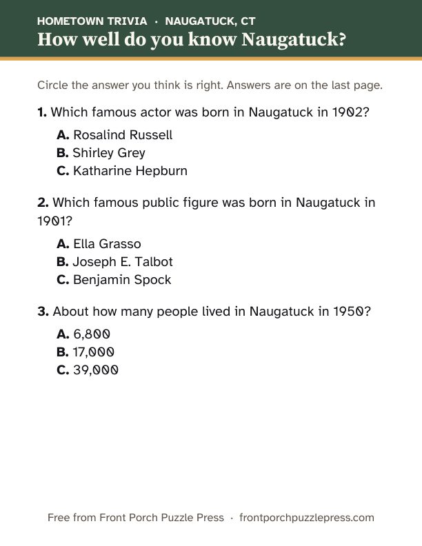 First page of the Naugatuck hometown trivia kit