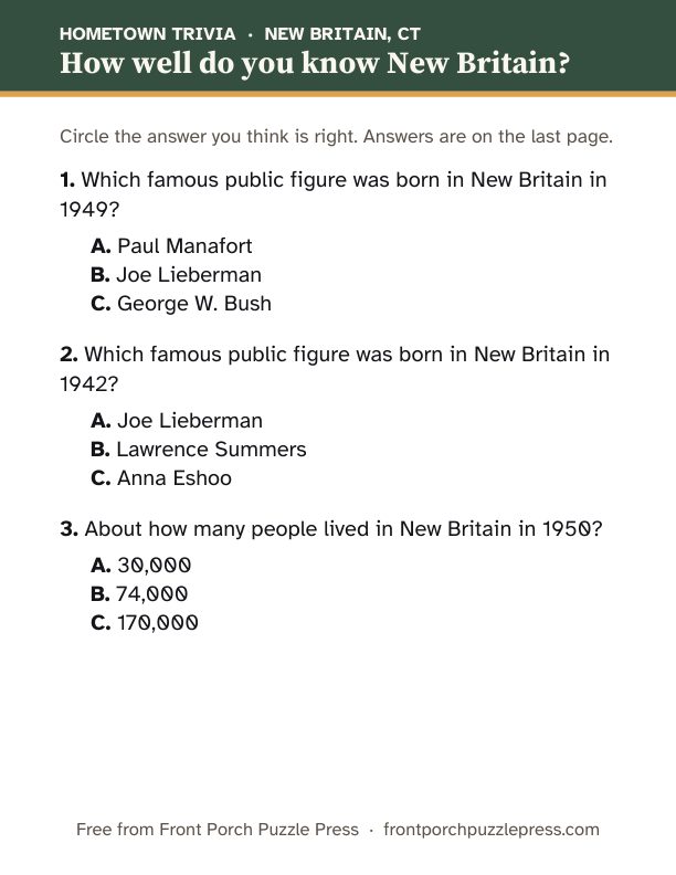First page of the New Britain hometown trivia kit