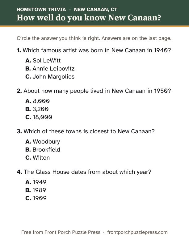 First page of the New Canaan hometown trivia kit
