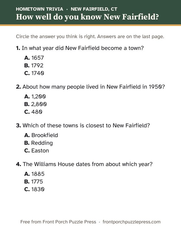 First page of the New Fairfield hometown trivia kit