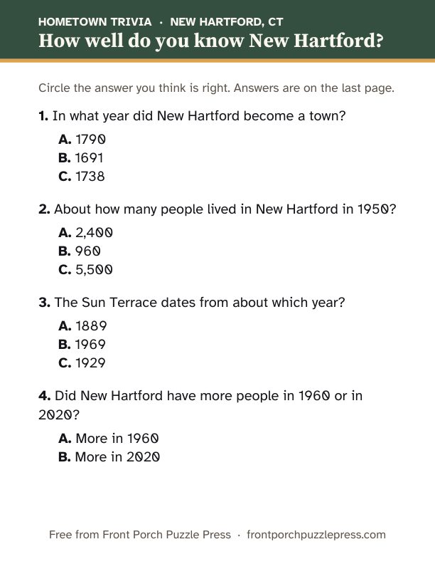 First page of the New Hartford hometown trivia kit