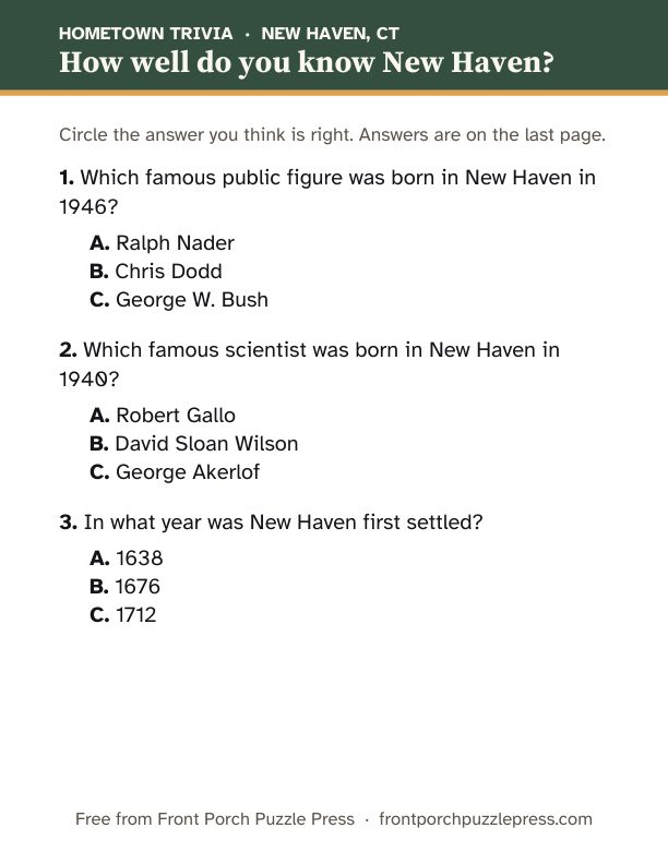 First page of the New Haven hometown trivia kit