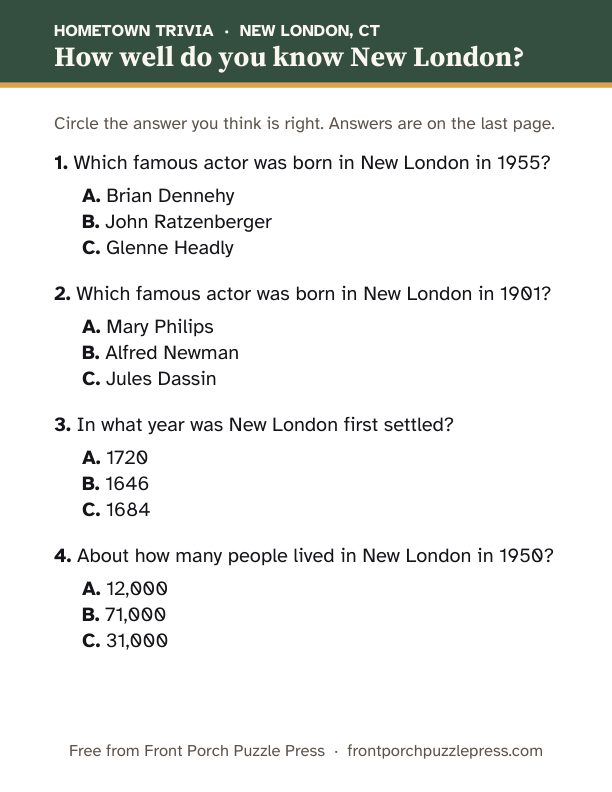 First page of the New London hometown trivia kit