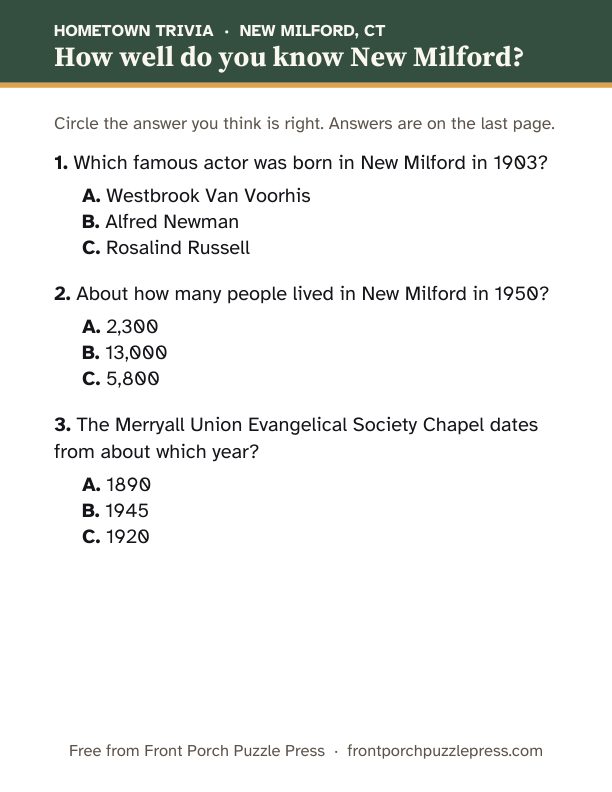 First page of the New Milford hometown trivia kit
