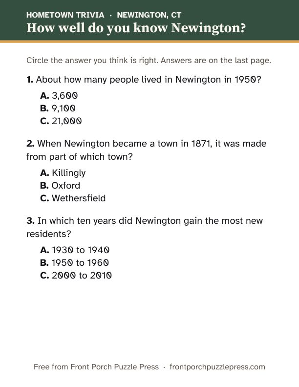 First page of the Newington hometown trivia kit