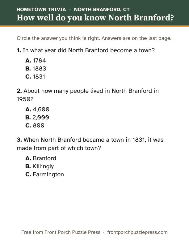 First page of the North Branford hometown trivia kit