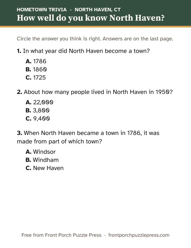 First page of the North Haven hometown trivia kit