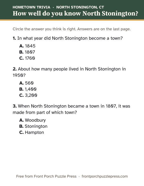 First page of the North Stonington hometown trivia kit