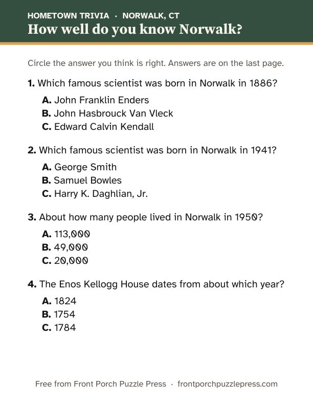 First page of the Norwalk hometown trivia kit