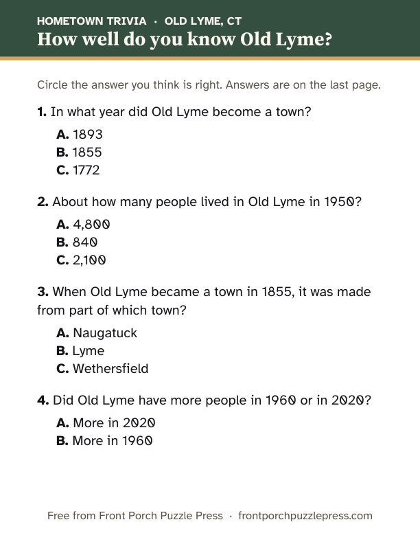 First page of the Old Lyme hometown trivia kit