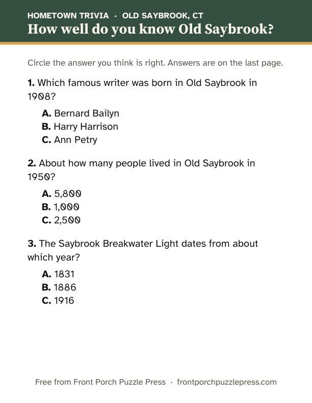 First page of the Old Saybrook hometown trivia kit