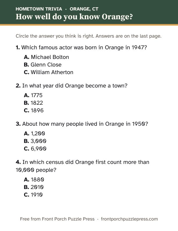 First page of the Orange hometown trivia kit