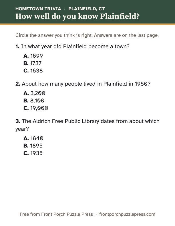 First page of the Plainfield hometown trivia kit