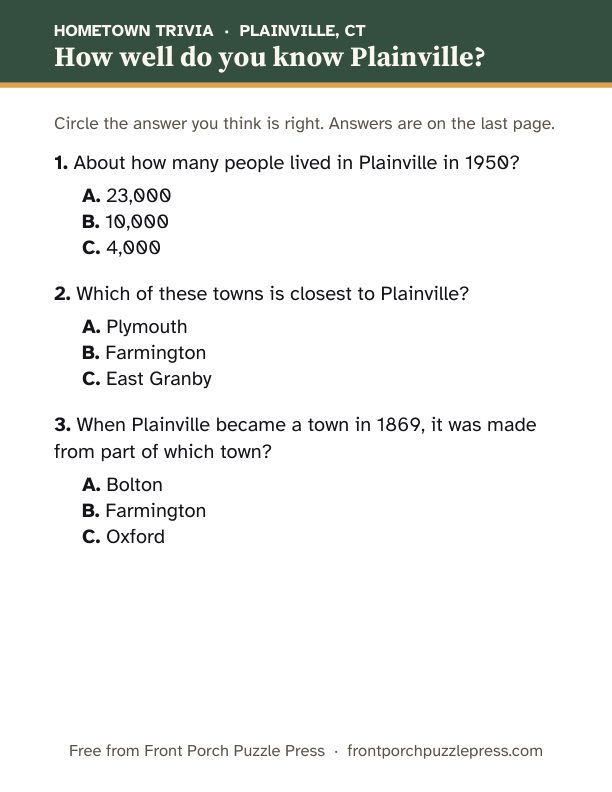 First page of the Plainville hometown trivia kit