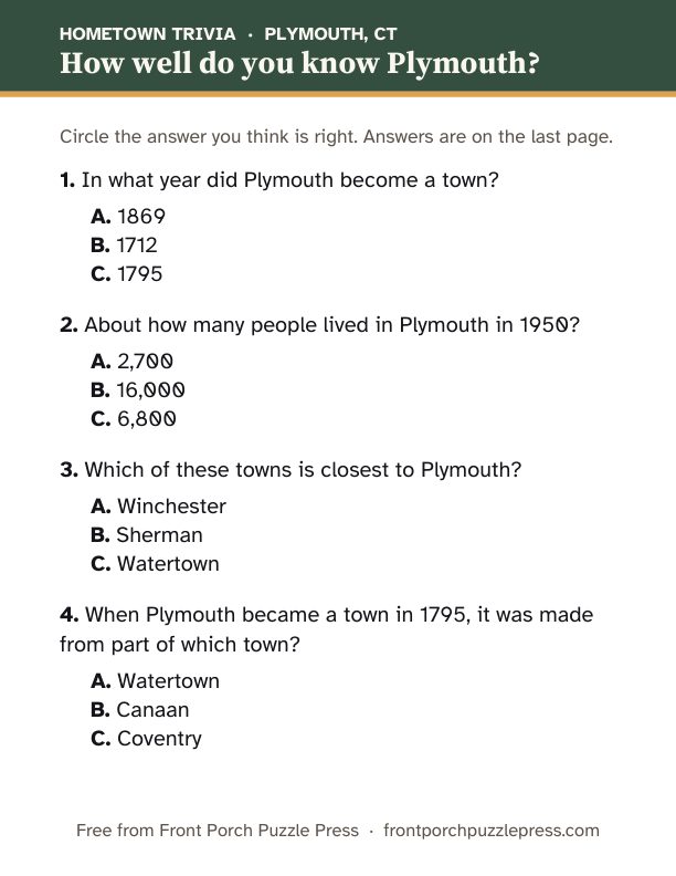 First page of the Plymouth hometown trivia kit
