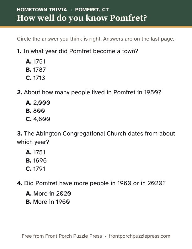 First page of the Pomfret hometown trivia kit