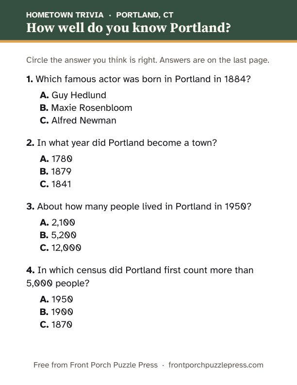 First page of the Portland hometown trivia kit