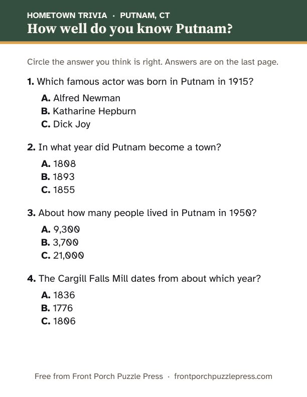 First page of the Putnam hometown trivia kit