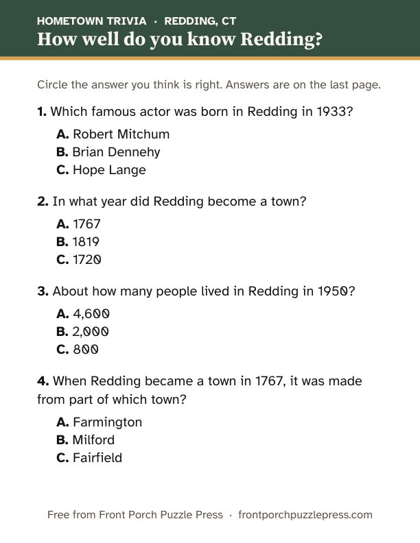 First page of the Redding hometown trivia kit