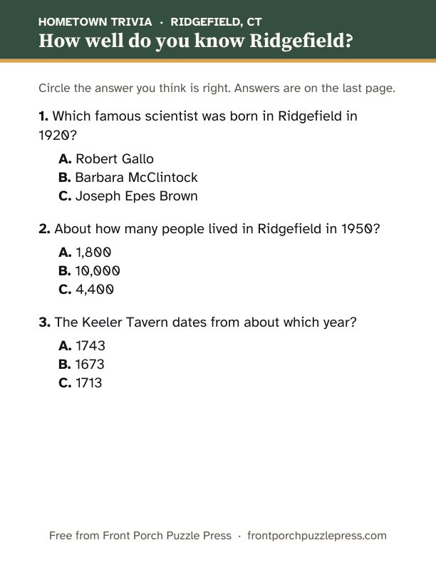 First page of the Ridgefield hometown trivia kit
