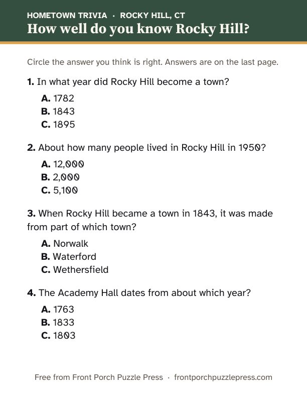 First page of the Rocky Hill hometown trivia kit
