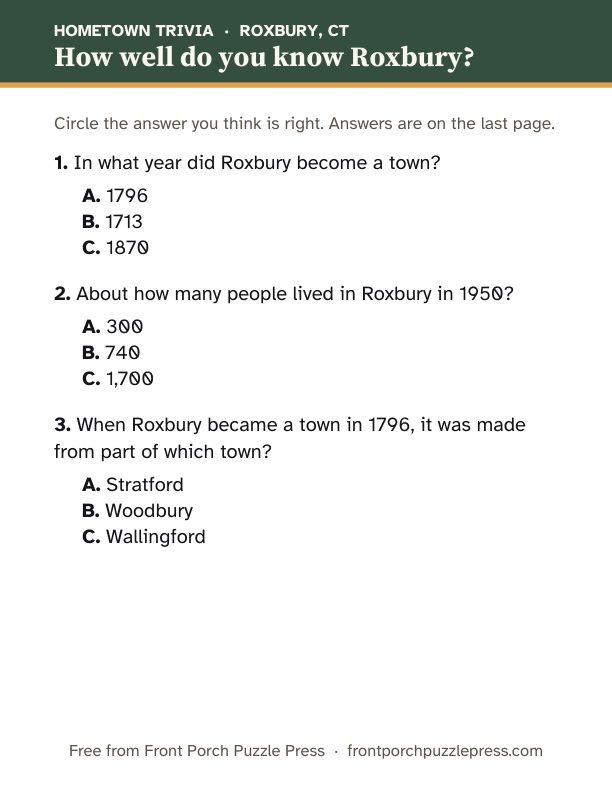 First page of the Roxbury hometown trivia kit