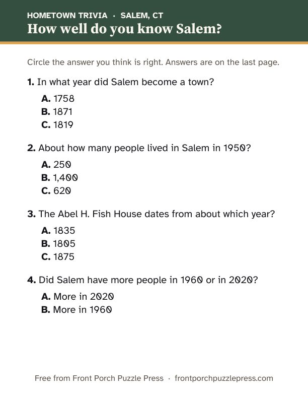 First page of the Salem hometown trivia kit