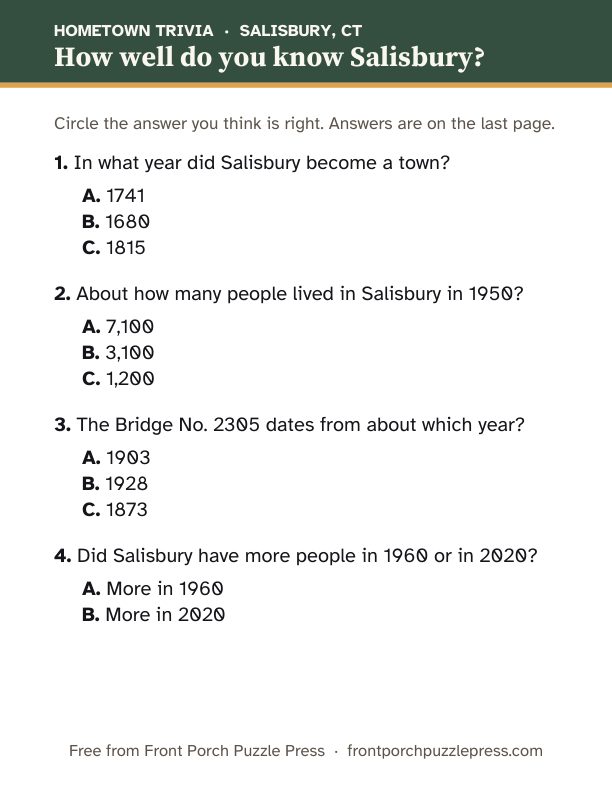First page of the Salisbury hometown trivia kit