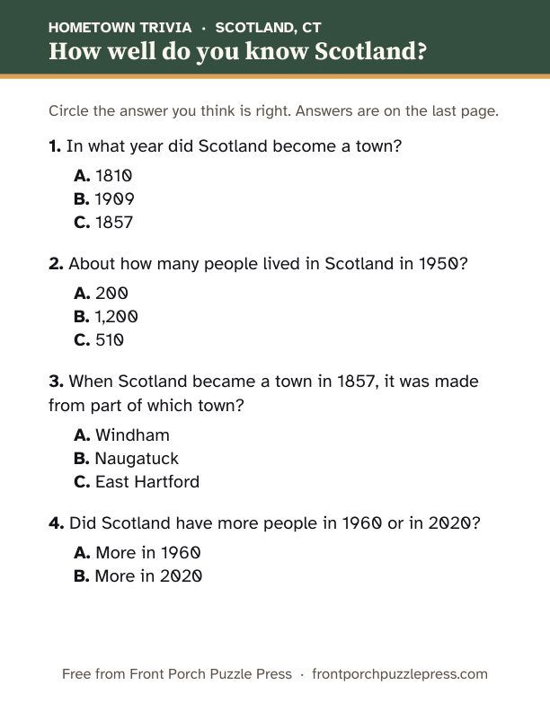 First page of the Scotland hometown trivia kit