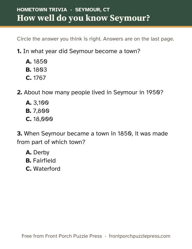 First page of the Seymour hometown trivia kit
