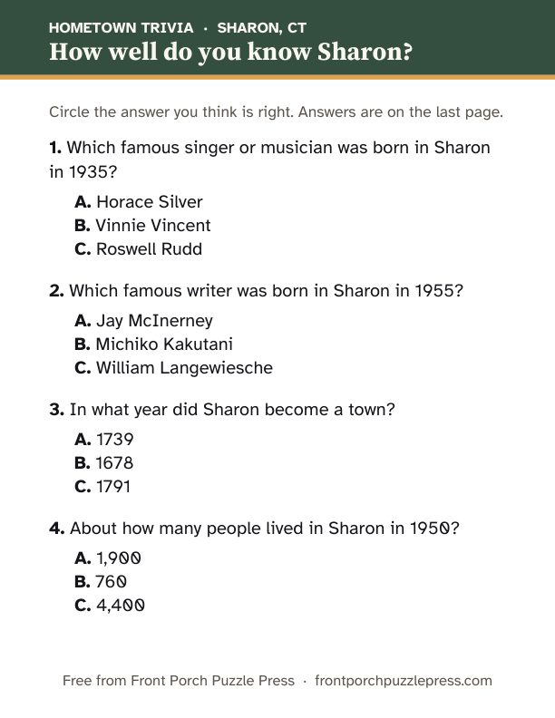 First page of the Sharon hometown trivia kit