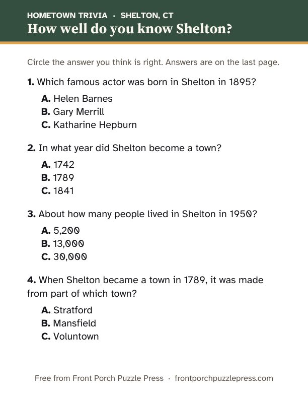 First page of the Shelton hometown trivia kit