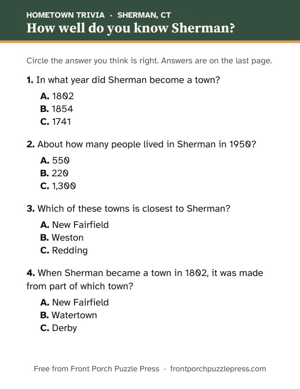First page of the Sherman hometown trivia kit
