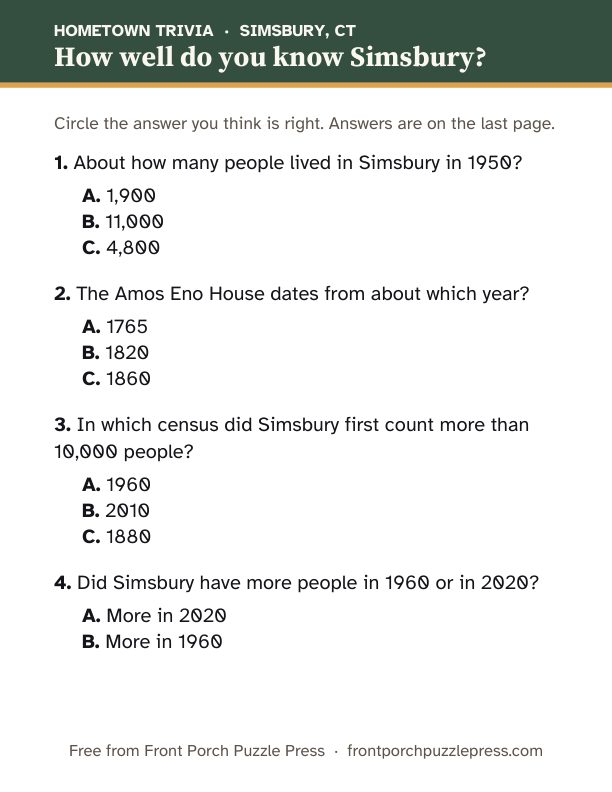 First page of the Simsbury hometown trivia kit