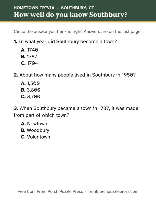 First page of the Southbury hometown trivia kit
