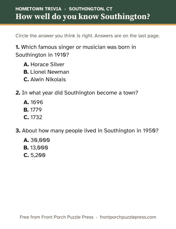 First page of the Southington hometown trivia kit