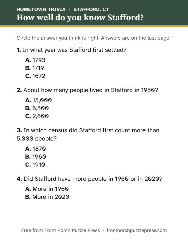 First page of the Stafford hometown trivia kit