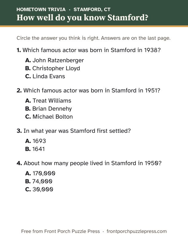 First page of the Stamford hometown trivia kit