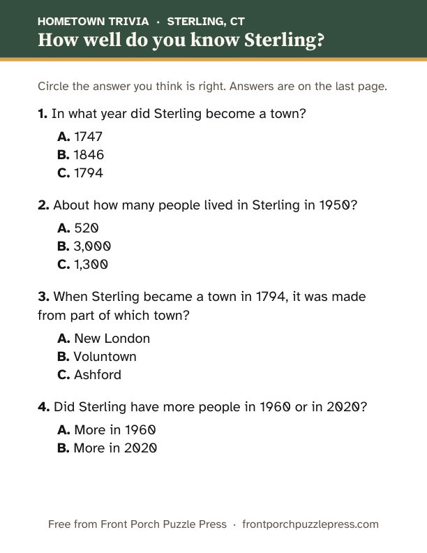 First page of the Sterling hometown trivia kit