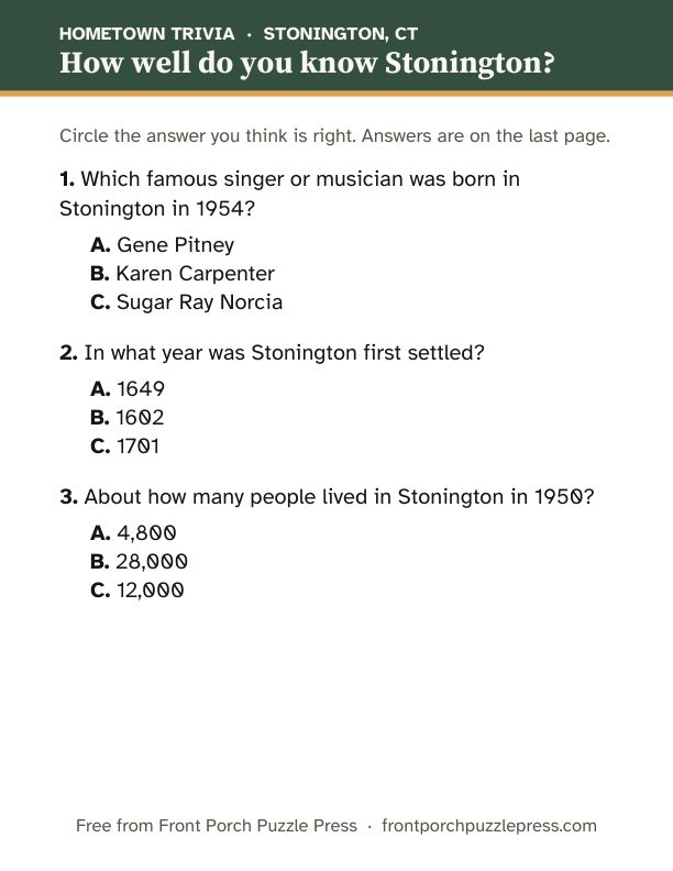 First page of the Stonington hometown trivia kit