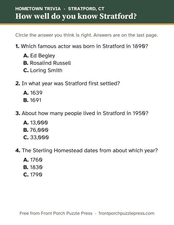 First page of the Stratford hometown trivia kit