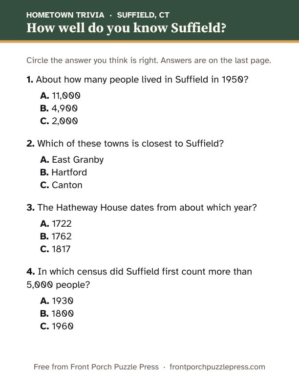 First page of the Suffield hometown trivia kit