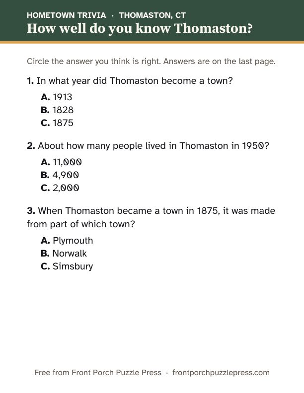 First page of the Thomaston hometown trivia kit